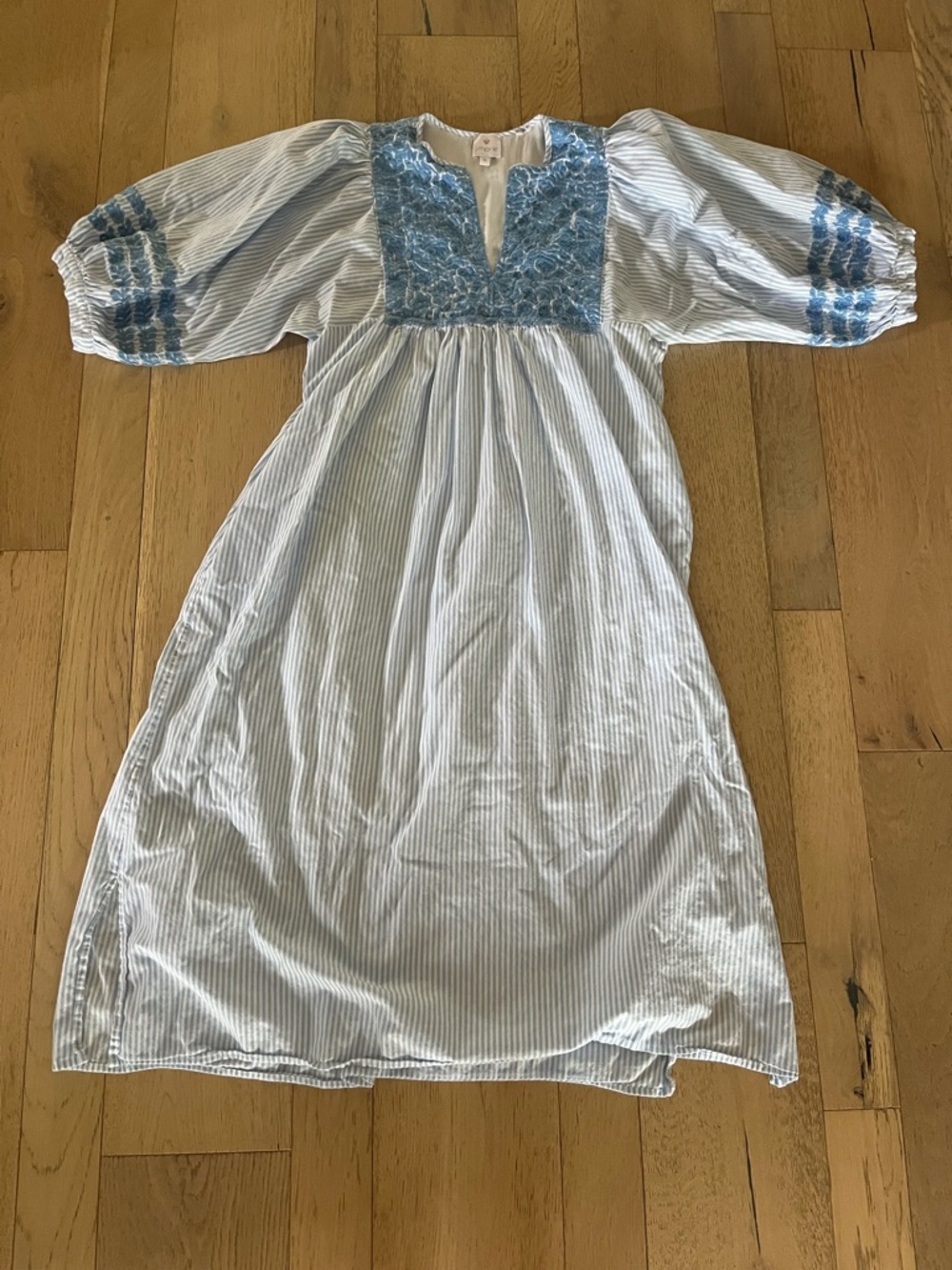 J Marie pale blue and white pebble embroidered midi dress